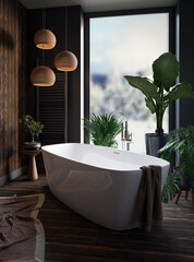 Interior of modern bathroom with black and wooden walls, wooden floor, comfortable white bathtub standing near window and potted plants