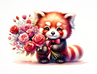 Fototapeta na wymiar Red panda with flowers. Watercolor illustration for greeting cards and children's decor, stickers, nursery art. For Birthday, Valentine's Day and Mother’s day cards and invitations. 