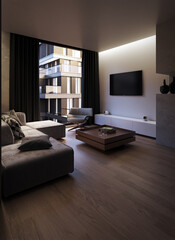 Living room at sunset with gray sofa and cushions, armchair, wooden coffee table, white wall and parquet
