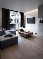 Living room with a gray sofa and cushions, armchair, wooden coffee table, white wall and parquet floor
