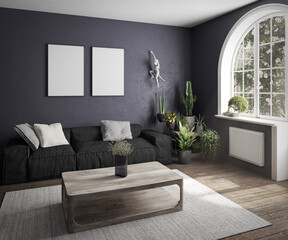 Blue living room with a gray sofa, a parquet floor, a window with a bonsai and many plants including a cactus
