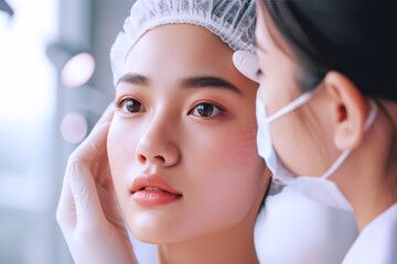 Beautician doing Face skin check before plastic surgery for Asian girl