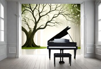 3D wallpaper Beautiful white piano and a large tree with wonderful branches in a beautiful room with luminous windows