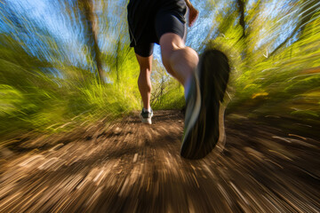 Point of view of a runner on the mountain in motion, training on a sunny day with a motion blur effect