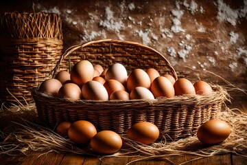 many organic eggs on a straw with basket basketry and hen Rhode Island Red on a wooden floor with background bare plaster or loft style - obrazy, fototapety, plakaty