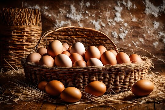 many organic eggs on a straw with basket basketry and hen Rhode Island Red on a wooden floor with background bare plaster or loft style