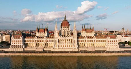 Residence of Hungarian Parliament, Budapest Aerial view national building symbol view from opposite bank of Danube River backdrop of sunset on sunny day in summer. Travel destination. Tourism