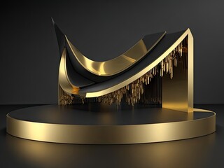 3D golden product line stage dark platform wave display on a gold-black podium background.