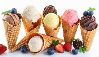 Different ice cream balls in waffle