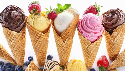 Different ice cream balls in waffle