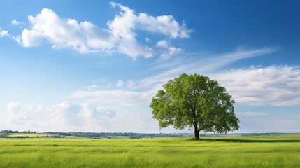 Solitary oak tree standing alone in a sunlit field with ample copy space available