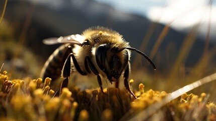 Pollen Enchantment: Bee adorned with pollen against a majestic mountain backdrop