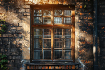A slightly off-center window in an old house, adding quirky charm to the architecture. Concept of uniqueness and character in architectural anomalies. Generative Ai.
