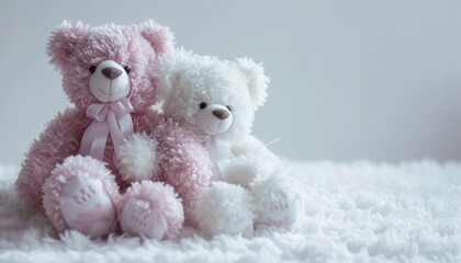 A realistic snapshot capturing the softness and sweetness of a white and pink teddy bear duo, their adorable presence standing out against a clean and simple backdrop