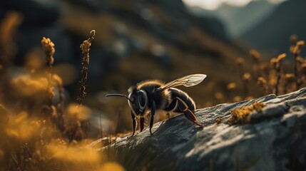Mountain Pollinator: Bee with pollen-covered leg against a majestic mountain backdrop