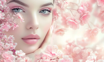 photography of beautiful woman on flower garden, skin clean for cosmetic.