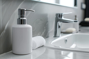 liquid soap in a white bottle stands near the sink in a white bathroom, spa. Mockup of hygiene products.