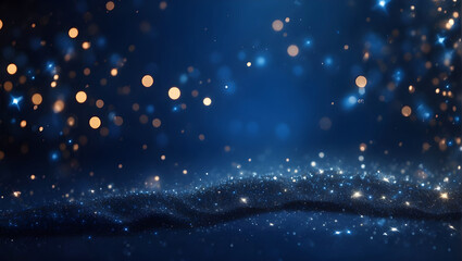 Dark blue stars and glitter sparkles in dark blue bokeh background