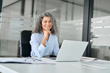 Happy smiling older middle aged professional business woman, mature female manager executive leader looking at camera at workplace, working on laptop computer in office sitting at desk, portrait.