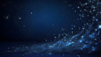 Fototapeta na wymiar Dark blue stars and glitter sparkles in dark blue bokeh background