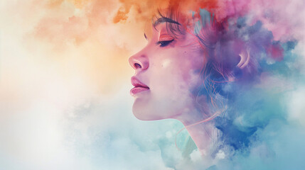 portrait of a woman, portrait of a girl with hair, A realistic illustration of with a watercolor effect, a soft brush, and a pastel palette