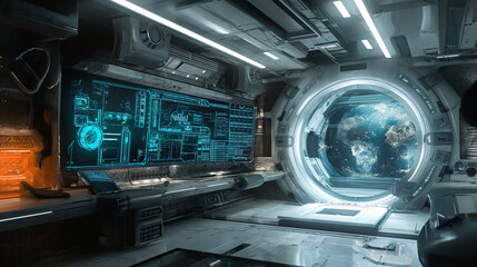 A futuristic concept art with a sci-fi vibe a metallic shine, and a holographic interface