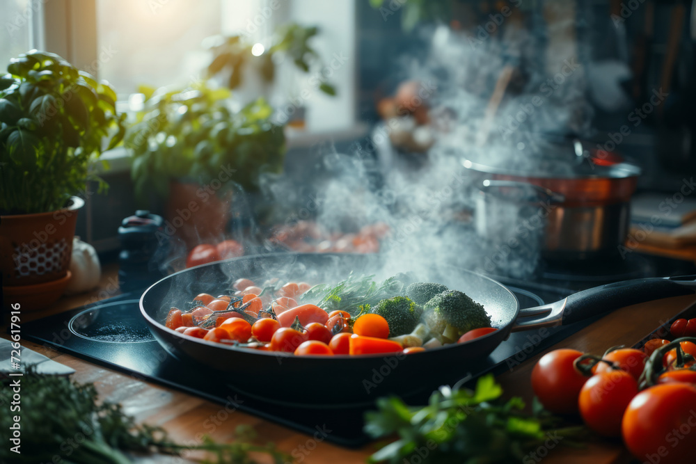 Canvas Prints A mindful cooking session, focusing on the ingredients and the act of preparing food. Concept of mindfulness in everyday activities. Generative Ai.