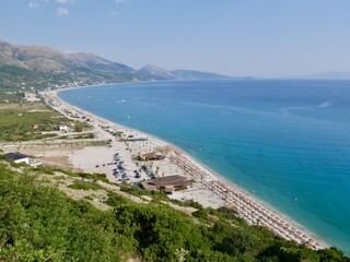 Naklejka premium Panoramic view of Dhermi Beach, Ionian Coast, Albania.
