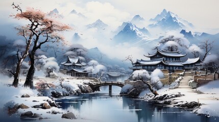 Asian mountain landscape. Neural network AI generated art - obrazy, fototapety, plakaty