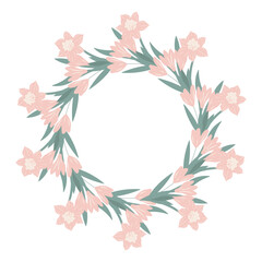 Obraz premium Wreath of spring flowers in delicate colors. Isolated on white background. Easter wreath. Vector illustration