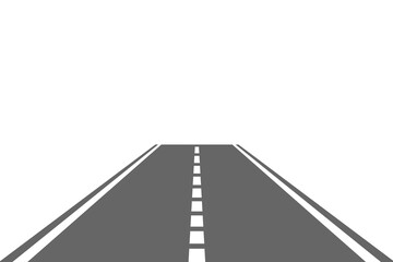 Perspective view of road going far away. Empty highway with marking stretching into distance. Travelling, trip, forward movement, future concept. Vector flat illustration