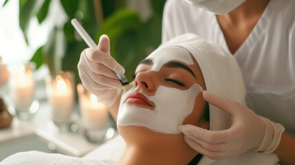 cosmetologist doing skin care procedure to Hispanic girl in beauty salon - obrazy, fototapety, plakaty