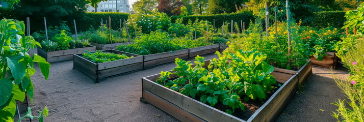 A garden with raised beds and lush greenery, promoting the concept of local and sustainable agriculture in an urban environment.