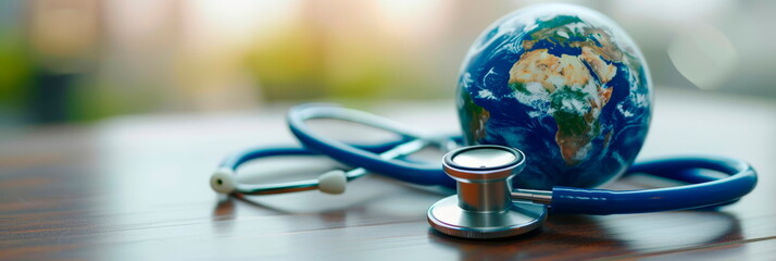 globe with a stethoscope wrapped around it, symbolizing the global impact and reach of healthcare professionals.