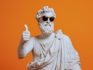 male smiling white statue portrait with beard, shows thumbs up, wear sunglasses, smiling, ancient clothes,  
