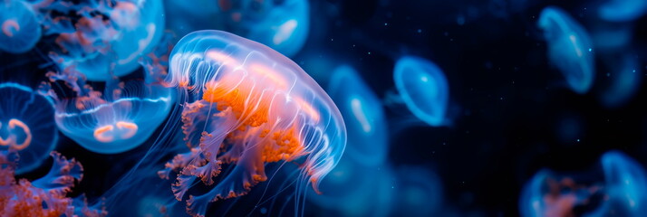 jellyfish emitting a soft glow, floating in waters filled with bioluminescent creatures and magical coral.