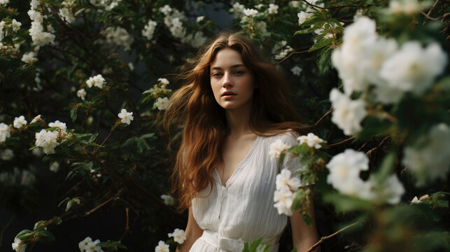 A young woman stands by a beautiful Bush with white flowers.Spring portrait of a beautiful girl.