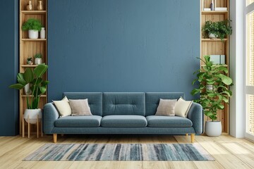 Cozy modern living room interior have sofa on empty dark blue wall background.3d rendering. generative ai.