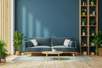 Cozy modern living room interior have sofa on empty dark blue wall background.3d rendering. generative ai.