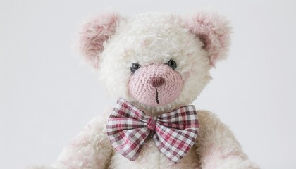 A white and pink teddy bear wearing a bowtie, its endearing expression captured against a flawlessly white background