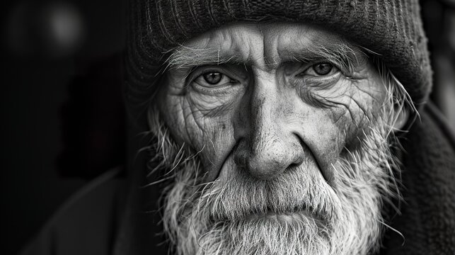 A high contrast black and white photo of an old retired sea captain. Sea captain's face with marks of many stories and experiences.