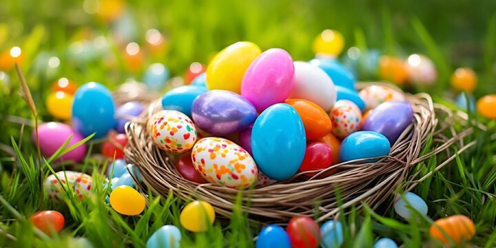 Colored eggs and vibrant candies on grass. Easter composition Beautiful and high quality photo