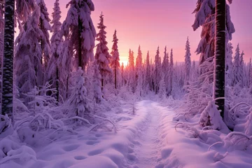 Fotobehang Breathtaking winter scenery. beautiful sunset in a snow-covered enchanted forest © EduardSkorov