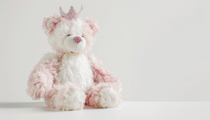 A white and pink teddy bear wearing a dainty crown, its regal presence highlighted against an immaculate white setting