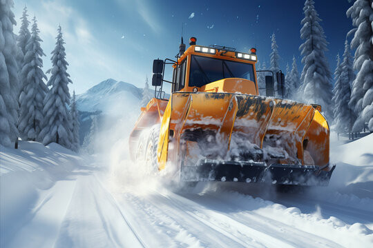 Snow plow truck removing heavy snow from the road during a intense winter snowstorm