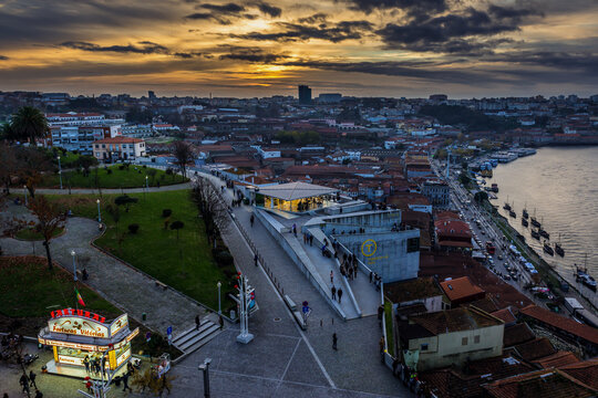 Vila Nova de Gaia, Portugal - December 10, 2016: Sunset over Vila Nova de Gaia city