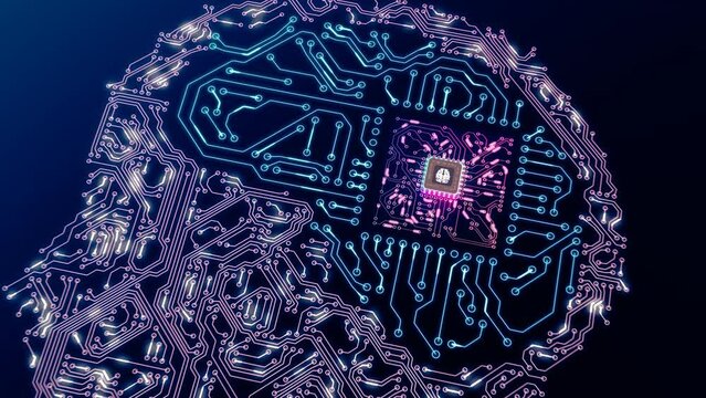 Artificial intelligence electronic circuit. Microchip in AI circuit in shape of brain.