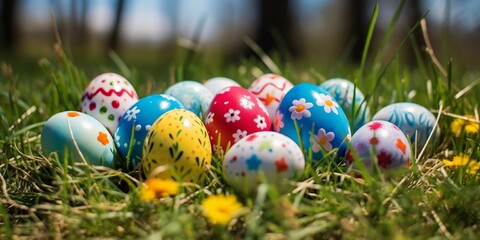 Fototapeta na wymiar Colorful easter eggs on the grass. Happy Easter Beautiful and high quality photo