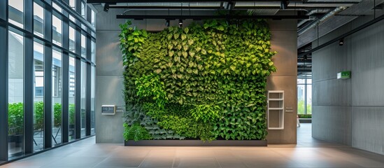 Green fresh plants in modern office wall for refreshing air circulation in the room. AI generated - obrazy, fototapety, plakaty