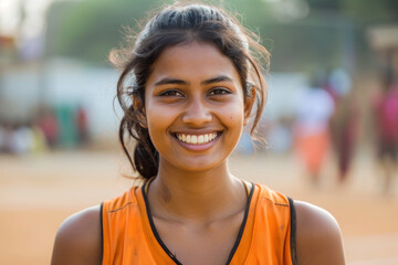 Indian woman wearing basketball player or supporter attribute uniform